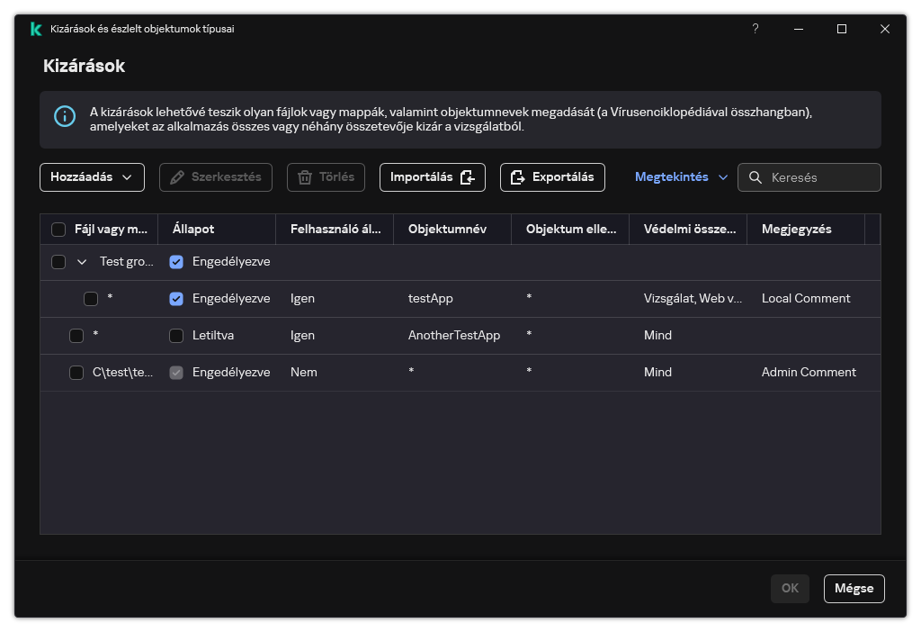 Egy ablak a kizárások listájával. Megjelennek a kizárási tulajdonságok. A felhasználó hozzáadhat, szerkeszthet vagy törölhet kizárásokat.