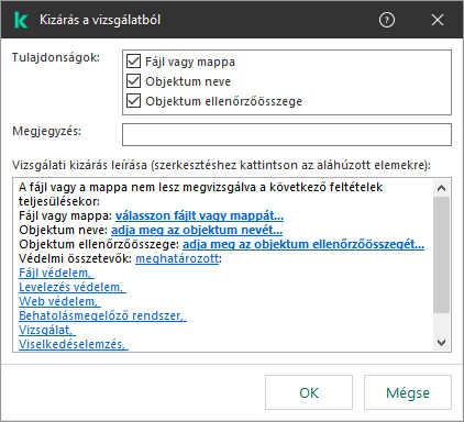 Egy ablak a kizárások kiválasztási eszközeivel. A felhasználó kiválaszthat fájlt vagy mappát, valamint megadhat egy objektumnevet vagy hash-t.