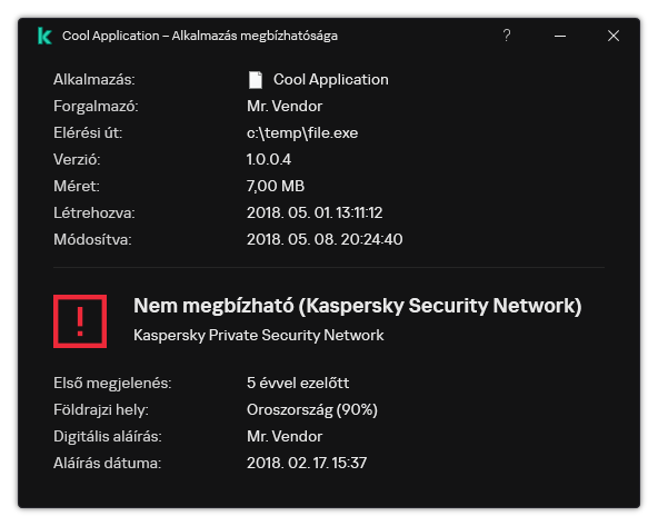 Az ablak információkat tartalmaz a fájl megbízhatóságáról és egyéb adatokról, például a digitális aláírás meglétéről.