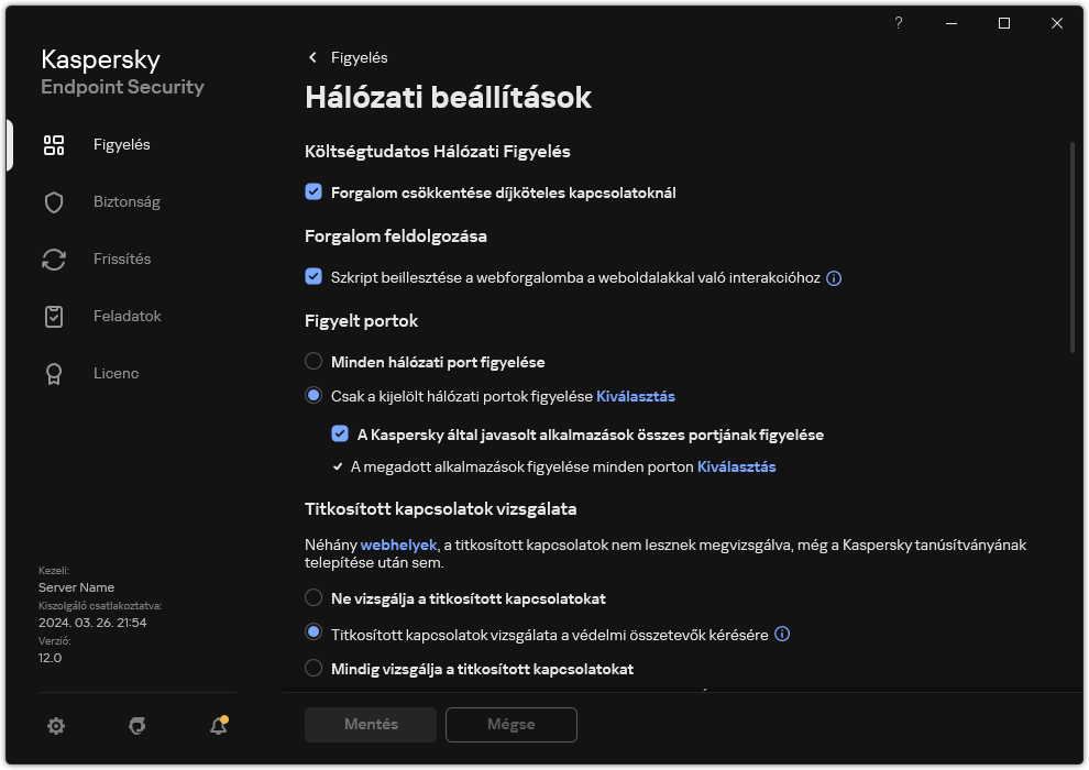 Alkalmazások hálózati beállításainak ablaka.