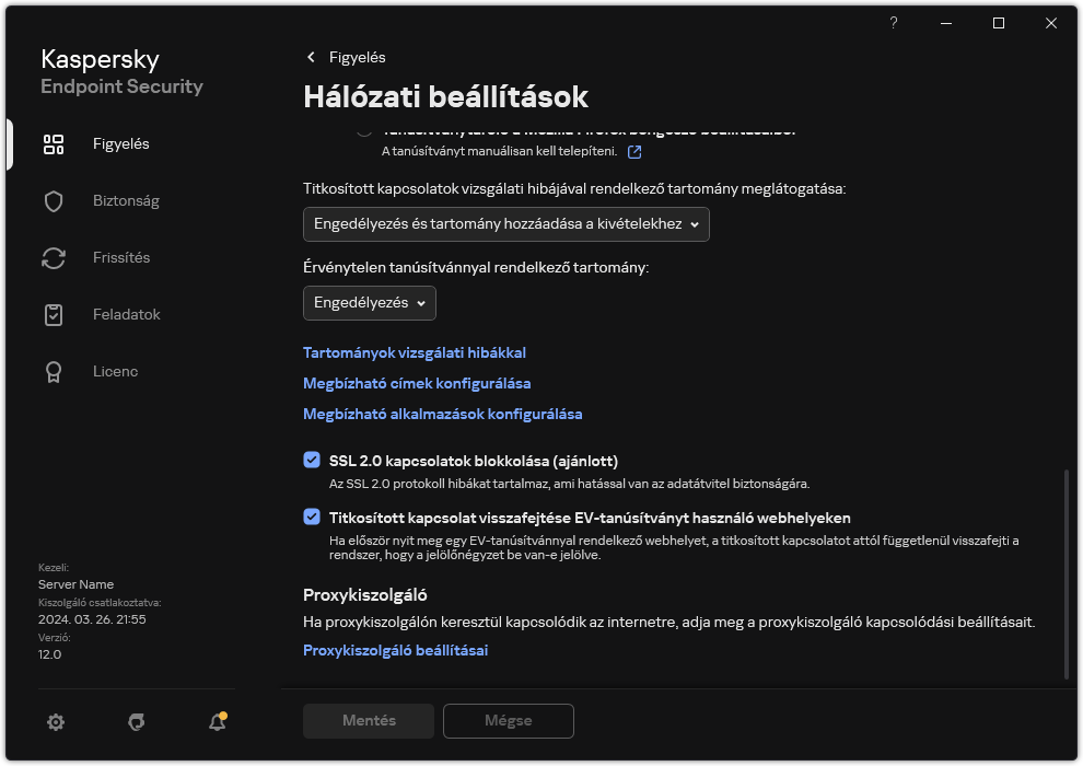 Alkalmazások hálózati beállításainak ablaka.