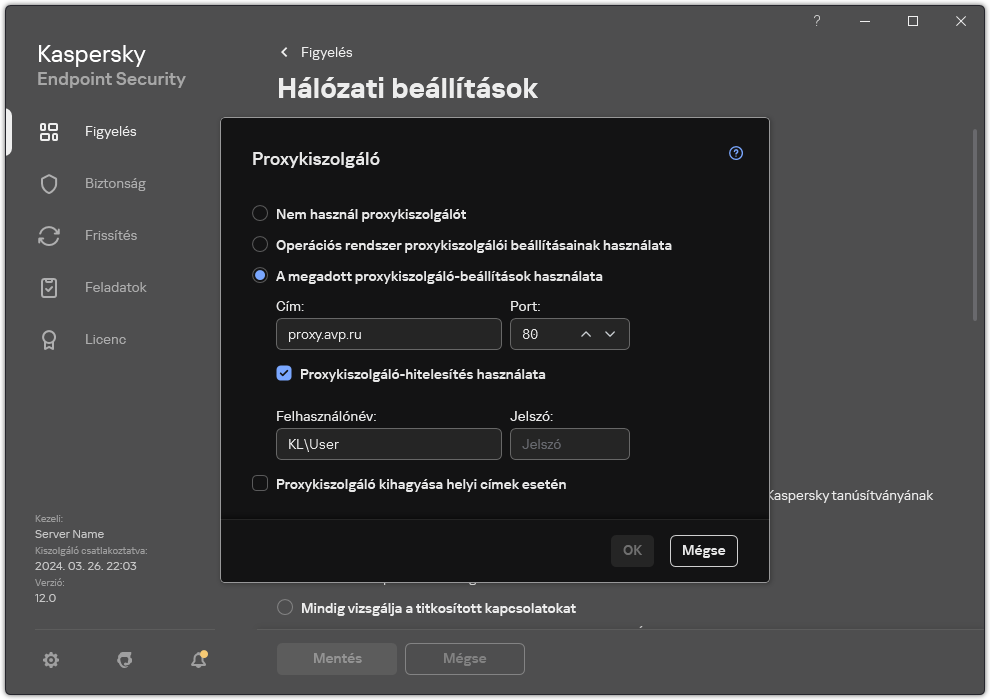 A proxykiszolgáló kapcsolat konfigurálására szolgáló ablak. A felhasználó beállíthatja a proxykiszolgáló címét és a proxykiszolgálói csatlakozáshoz szükséges hitelesítési adatokat.