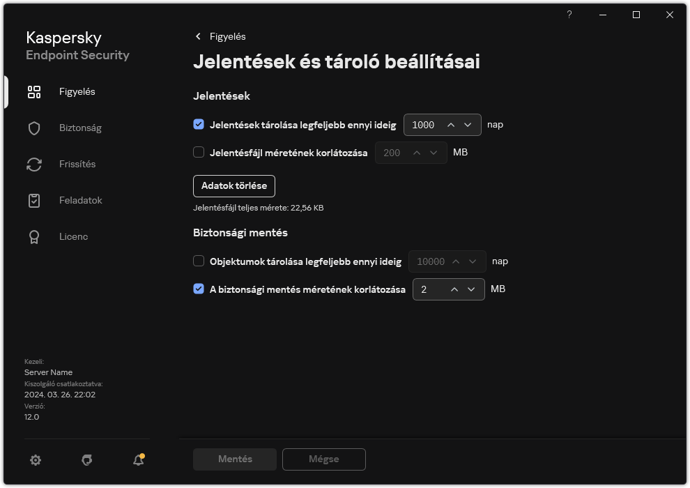 Jelentések és tároló beállításai ablak. A felhasználó beállíthatja a tárolóban lévő jelentések és objektumok méretét, és korlátozhatja a tárolási időt.