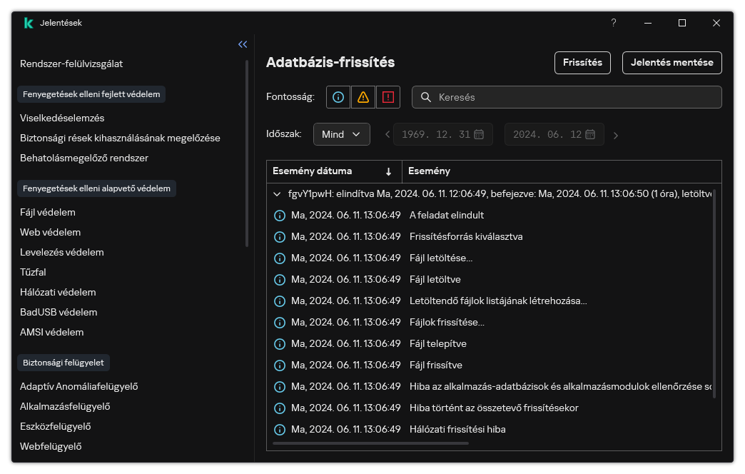 Egy ablak a jelentésben szereplő események listájával. A felhasználó szűrheti/rendezheti az eseményeket, és fájlba mentheti a jelentéseket.