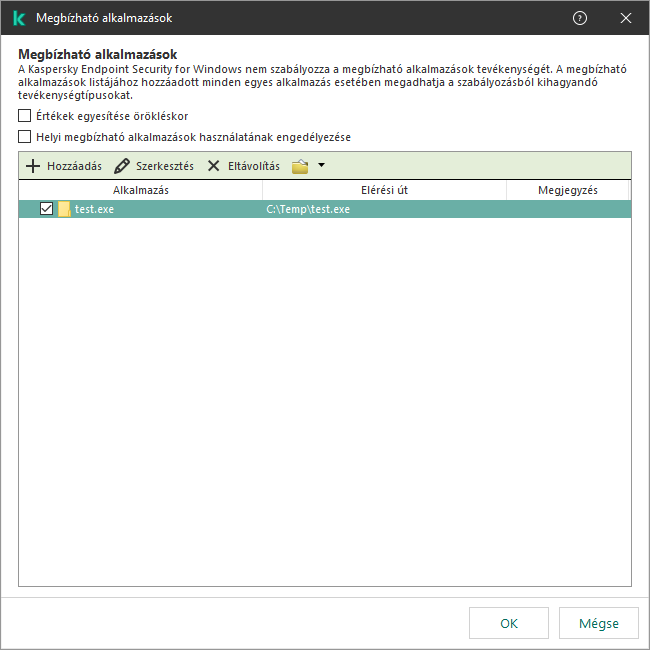 Egy ablak a megbízható alkalmazások listájával. A felhasználó hozzáadhat, szerkeszthet vagy eltávolíthat megbízható alkalmazásokat.