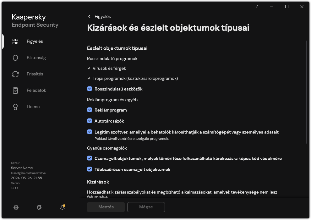 Kizárási beállítások ablak. A felhasználó kiválaszthatja az észlelt objektumok típusait, és objektumokat adhat hozzá a kizárásokhoz.