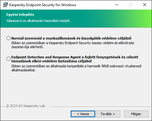 Telepítőablak az alkalmazás konfigurációjával: teljes funkcionalitás vagy Endpoint Detection and Response Agent.