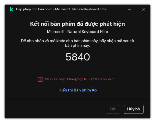 Cửa sổ chứa mã cho phép sử dụng bàn phím. Người dùng có thể kích hoạt bàn phím ảo và nhập mã.