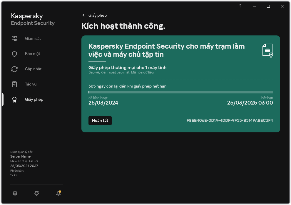 Cửa sổ chứa thông tin về giấy phép: ngày hết hạn, các chức năng khả dụng và các thông tin khác.