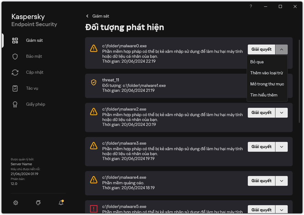 Một cửa sổ chứa danh sách các đối tượng được phát hiện. Thông tin về đối tượng được hiển thị. Người dùng có thể giải quyết hoặc xóa bỏ đối tượng.