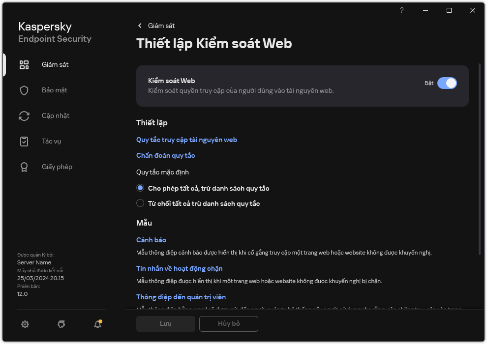 Cửa sổ thiết lập Kiểm soát web.