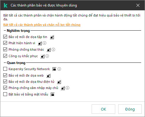 Cửa sổ để bật các thành phần bảo vệ được đề xuất. Bạn có thể bật tất cả các thành phần bảo vệ và ngăn không cho chúng bị tắt.