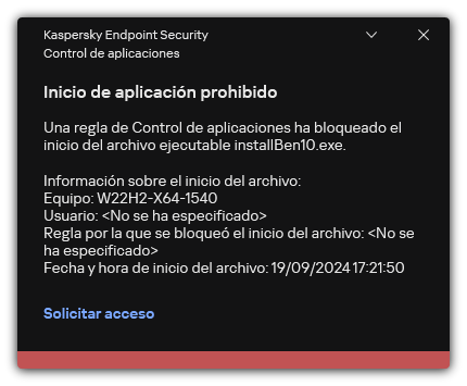 Notificación sobre el inicio de aplicaciones bloqueadas. El usuario puede crear una solicitud para iniciar la aplicación.