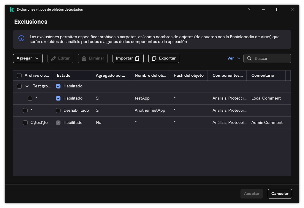 Una ventana con la lista de exclusiones. Se muestran las propiedades de exclusión. El usuario puede agregar, editar o eliminar exclusiones.