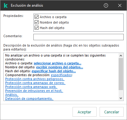 Una ventana con herramientas de selección de exclusión. El usuario puede seleccionar un archivo o una carpeta, ingresar un nombre de objeto o un hash.
