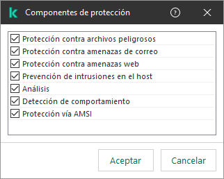 Una ventana con la lista de componentes de la aplicación. La exclusión se aplica únicamente a la operación de los componentes seleccionados.