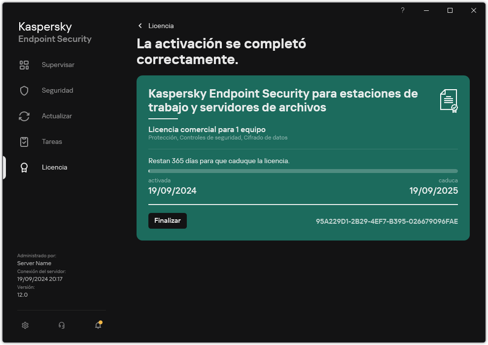 La ventana contiene información sobre la licencia: fecha de caducidad, funciones disponibles y otra información.