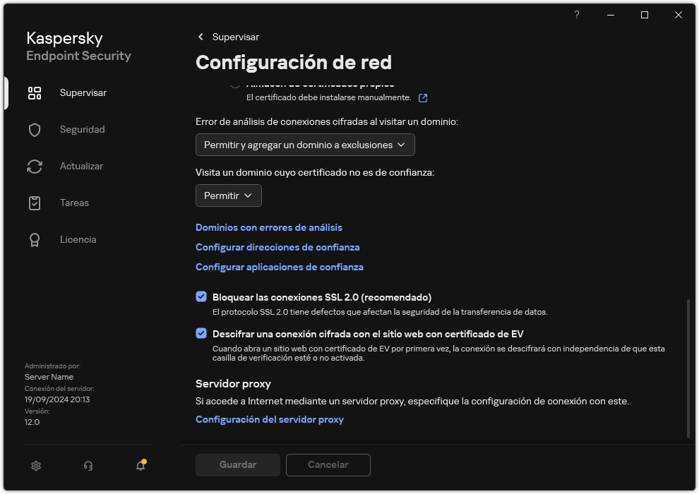 Ventana Configuración de red de la aplicación.