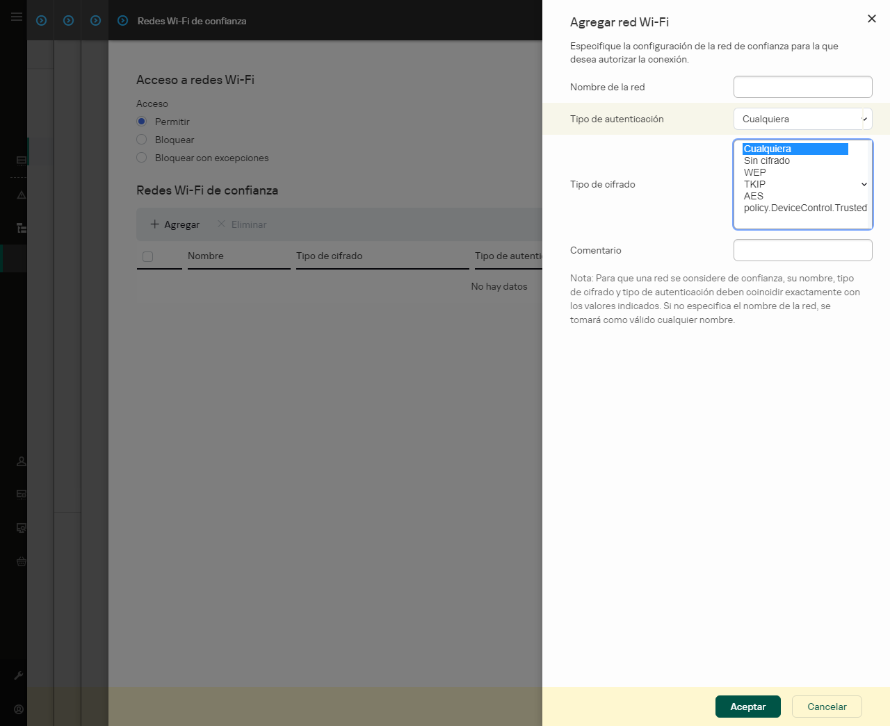 La ventana contiene la configuración de la red Wi-Fi de confianza.