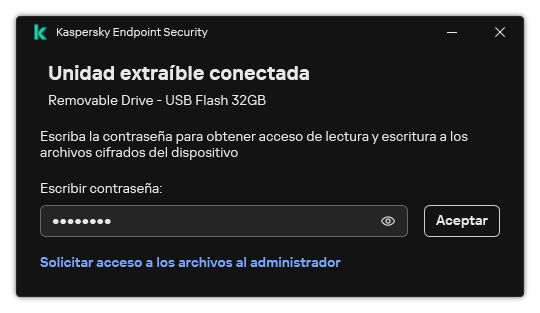 La ventana contiene un campo de entrada de contraseña. El usuario puede crear una solicitud de acceso de archivo.