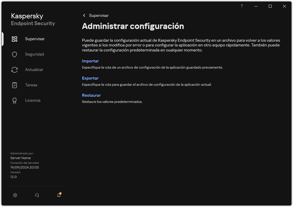 Ventana Configuración de exclusiones. El usuario puede exportar, importar o restaurar la configuración de la aplicación.