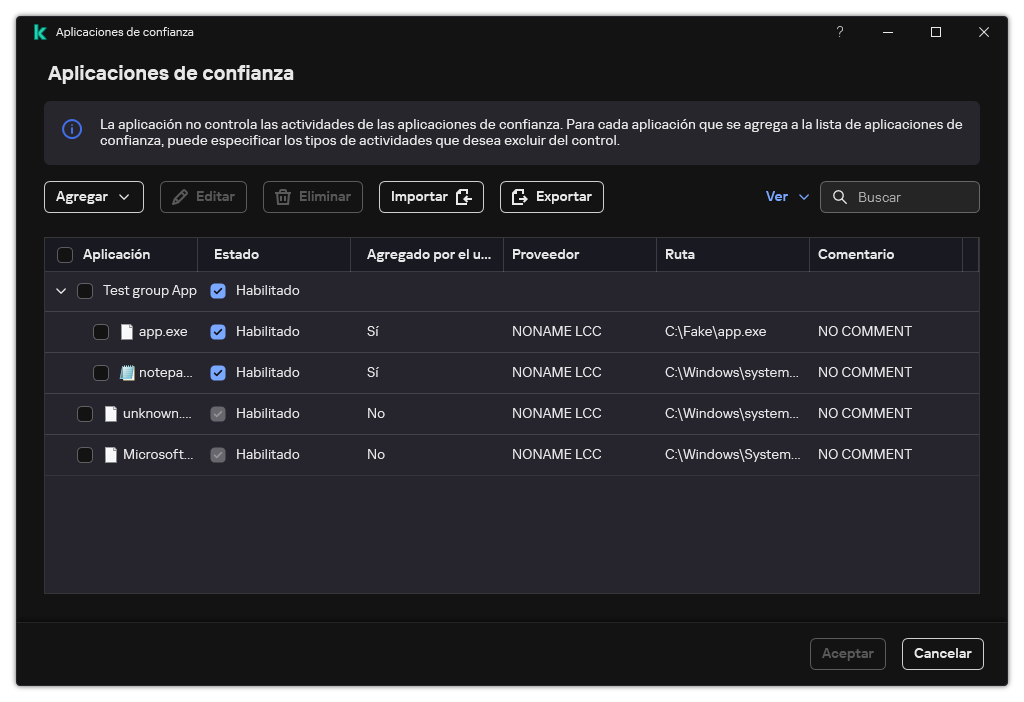Una ventana con la lista de aplicaciones de confianza. El usuario puede agregar, editar o quitar una aplicación de confianza.