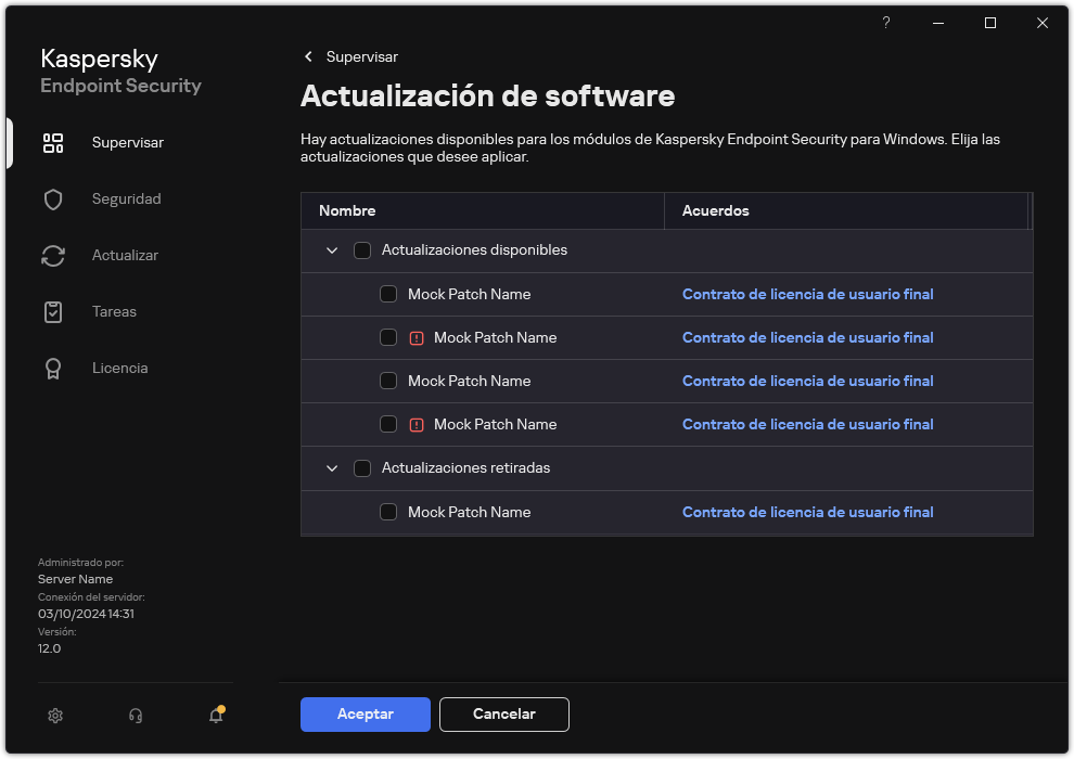 Ventana con una lista de parches disponibles. El usuario puede seleccionar parches y aceptar los términos y condiciones de los contratos.
