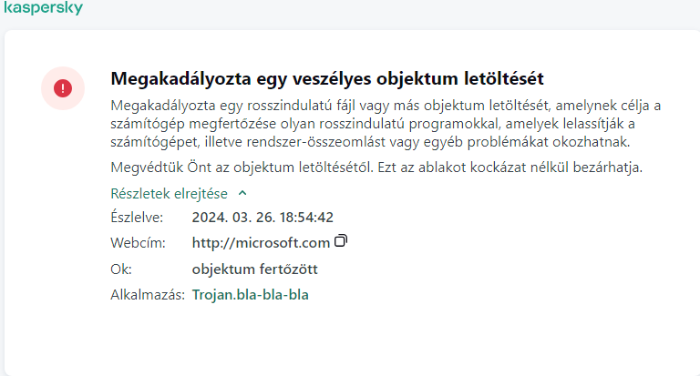 Kaspersky-értesítés a rosszindulatú objektumok böngészőablakban történő betöltésének megakadályozásáról.