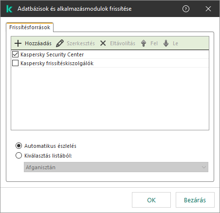 A frissítéőforrások listáját tartalmazó ablak. A felhasználó frissítési forrásokat adhat hozzá, és prioritást rendelhet a forráshoz.