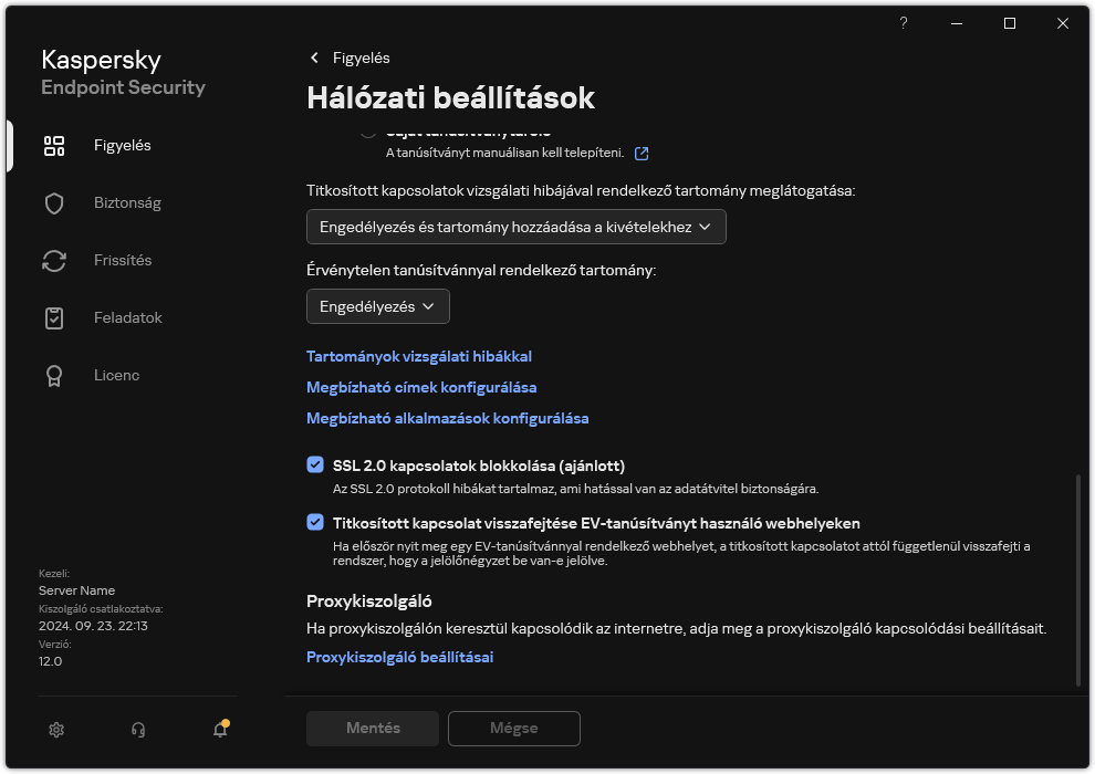 Alkalmazások hálózati beállításainak ablaka.