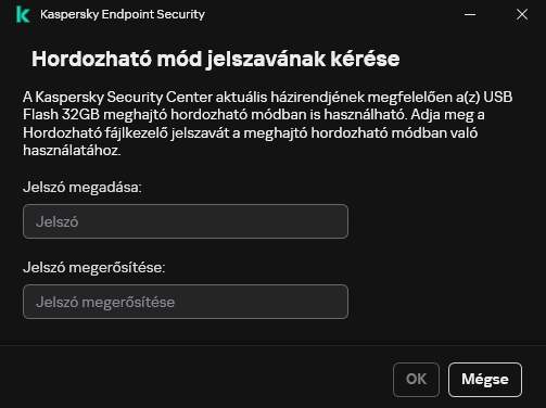 Az ablak mezőket tartalmaz a jelszó megadásához és megerősítéséhez.