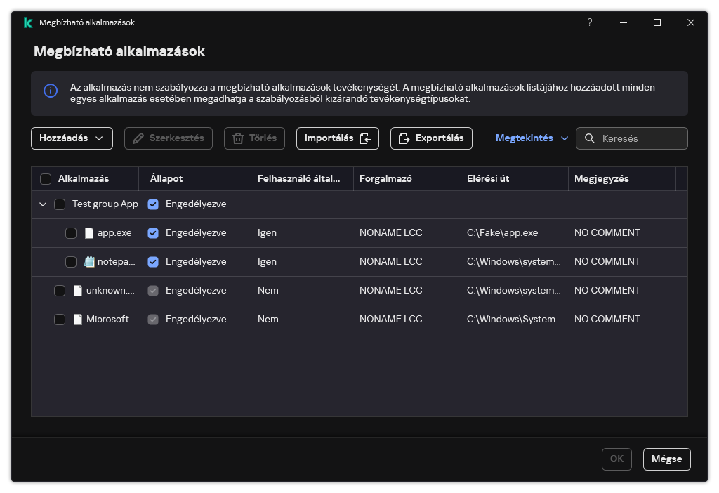 Egy ablak a megbízható alkalmazások listájával. A felhasználó hozzáadhat, szerkeszthet vagy eltávolíthat megbízható alkalmazásokat.