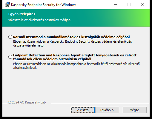 Telepítőablak az alkalmazás konfigurációjával: teljes funkcionalitás vagy Endpoint Detection and Response Agent.