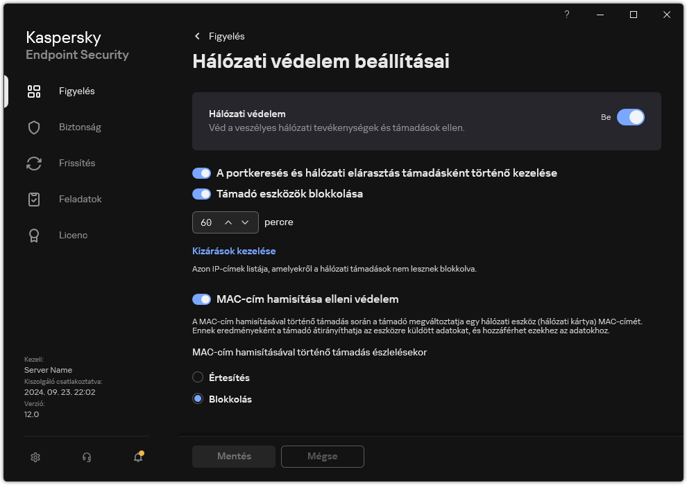 A Hálózati védelem beállításainak ablaka