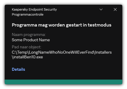 Melding dat het opstarten van het programma is toegestaan in de testmodus. De gebruiker kan gedetailleerde informatie over de regel bekijken.