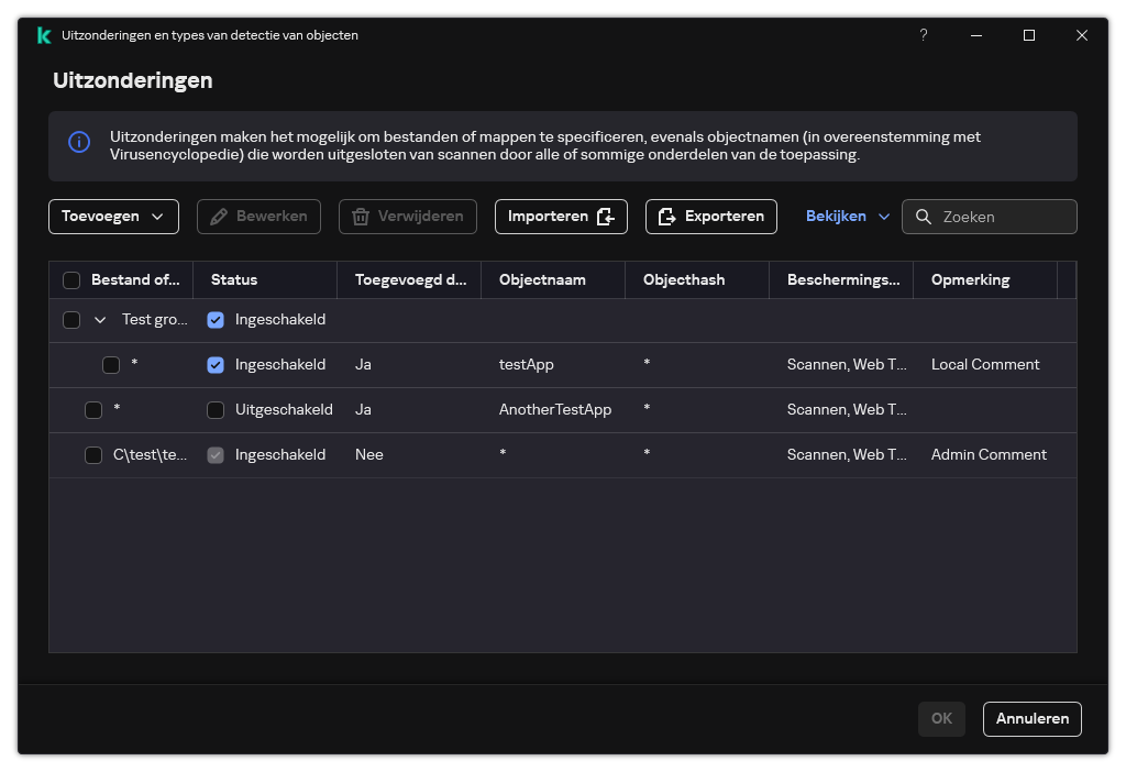 Een venster met de lijst met uitzonderingen. Uitzonderingseigenschappen worden weergegeven. De gebruiker kan uitzonderingen toevoegen, bewerken of verwijderen.