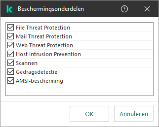 Een venster met de lijst van programmacomponenten. De uitzondering is alleen van toepassing op de werking van geselecteerde componenten.