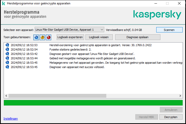 Een venster met de lijst met hulpprogrammagebeurtenissen. De gebruiker kan diagnose uitvoeren en het geselecteerde apparaat decoderen.