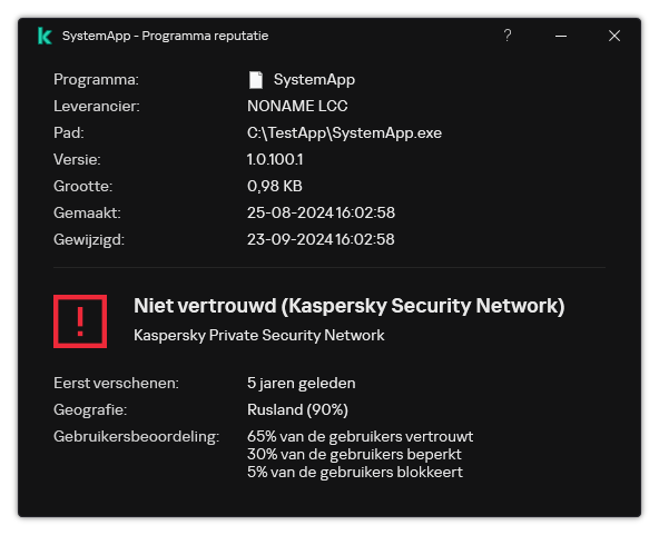 Het venster bevat informatie over de bestandsreputatie en andere gegevens, zoals de aanwezigheid van een digitale handtekening.