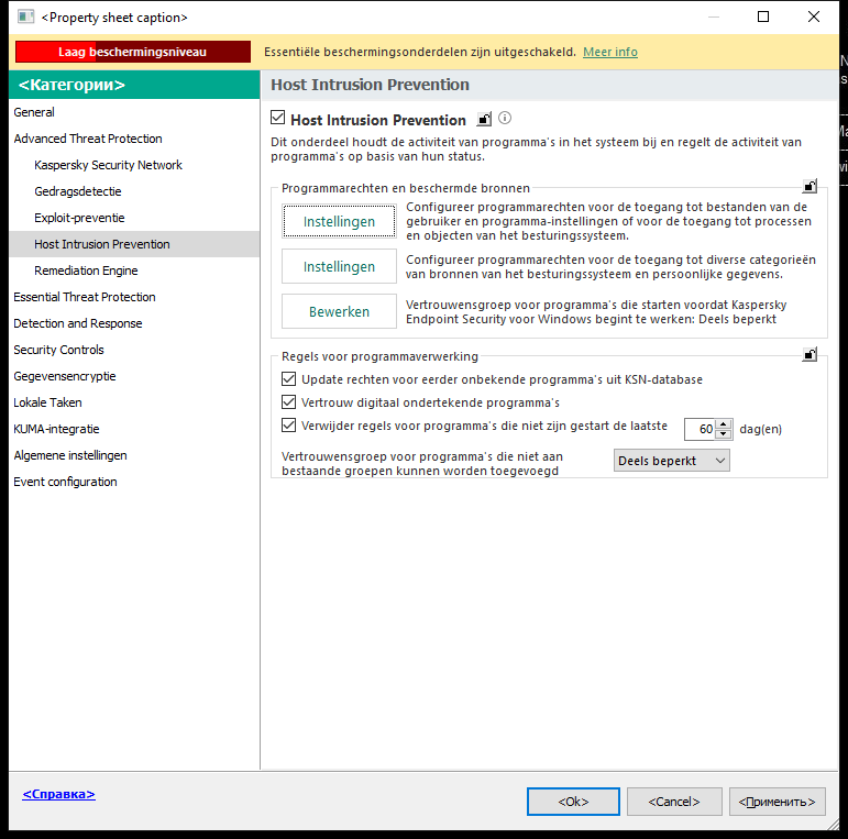 Venster Instellingen van Inbraakpreventie.