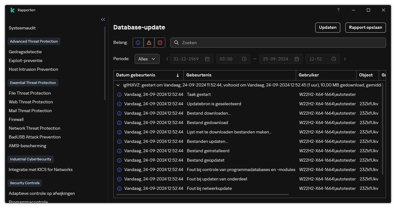 Een venster met de lijst van evenementen in het rapport. De gebruiker kan gebeurtenissen filteren/sorteren en rapporten opslaan in een bestand.