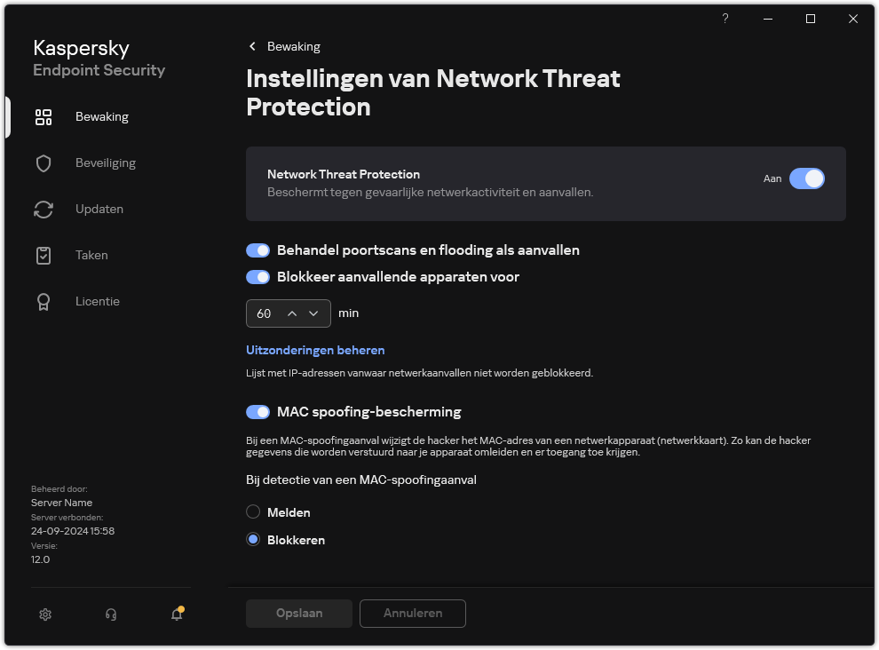 Network Threat Protection instellingenvenster
