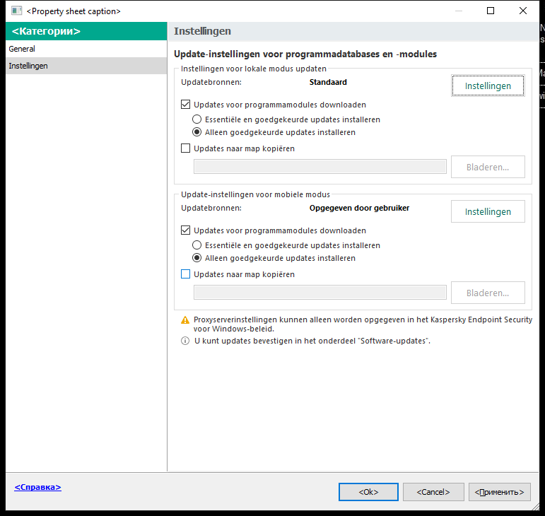 Het venster Instellingen van updatetaak. De gebruiker kan de update configureren in lokale en mobiele modus.