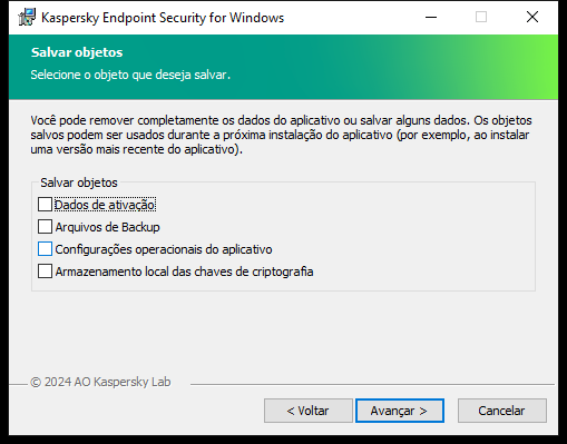 Janela do instalador com uma lista de objetos que podem ser salvos após a remoção do aplicativo.