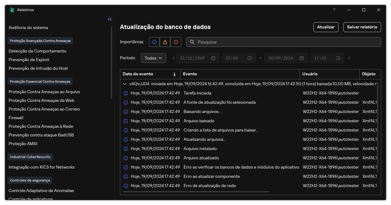 Uma janela com a lista de eventos no relatório. O usuário pode filtrar/classificar os eventos e salvar os relatórios em um arquivo.