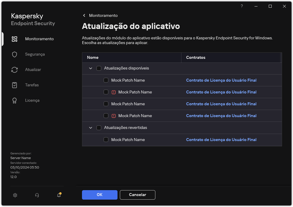 Janela com uma lista de patches disponíveis. O usuário pode selecionar patches e aceitar os termos e condições dos contratos.