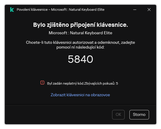 Okno s kódem pro autorizaci klávesnice. Uživatel může aktivovat klávesnici na obrazovce a zadat kód.