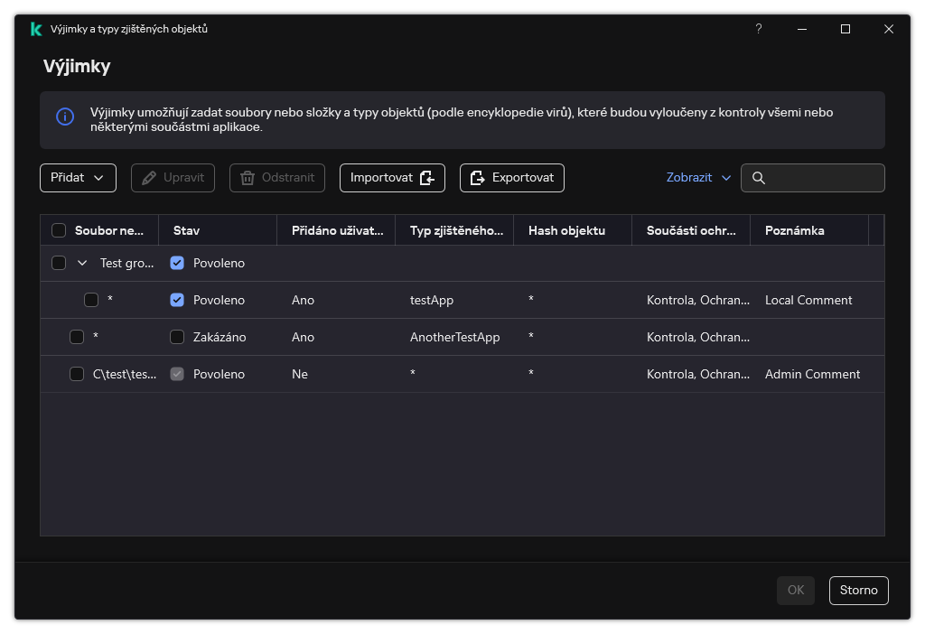 Okno se seznamem výjimek. Zobrazí se vlastnosti výjimky. Uživatel může přidávat, upravovat nebo odstraňovat výjimky.