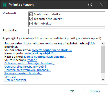 Okno s nástroji pro výběr výjimky. Uživatel může vybrat soubor nebo složku nebo zadat název či hash objektu.