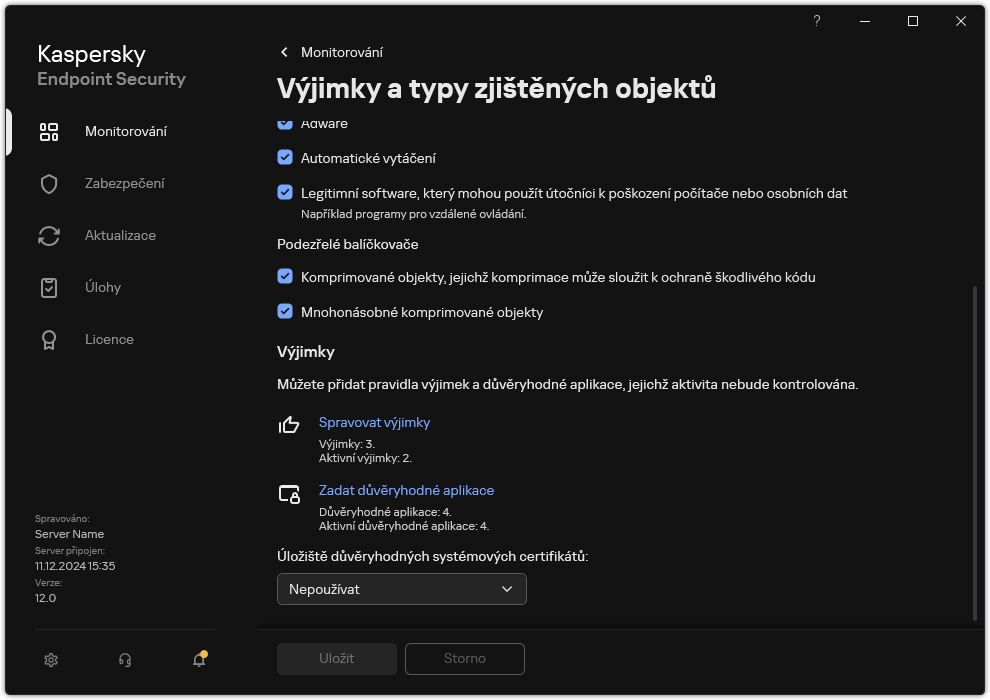 Okno nastavení výjimek. Uživatel může přidávat výjimky a důvěryhodné aplikace.